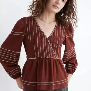 Madewell womens rush red Embroidered Faux-Wrap Top blouse size small